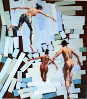oil painting of falling figures in an empty universe